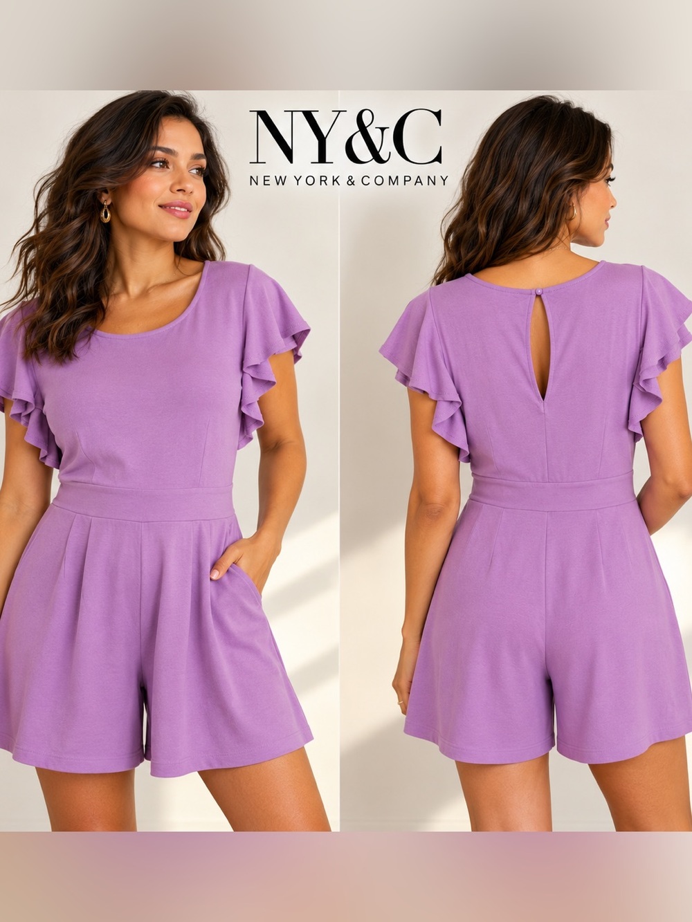 New York & Company Ruffle Sleeve Romper Lavender Purple Size L